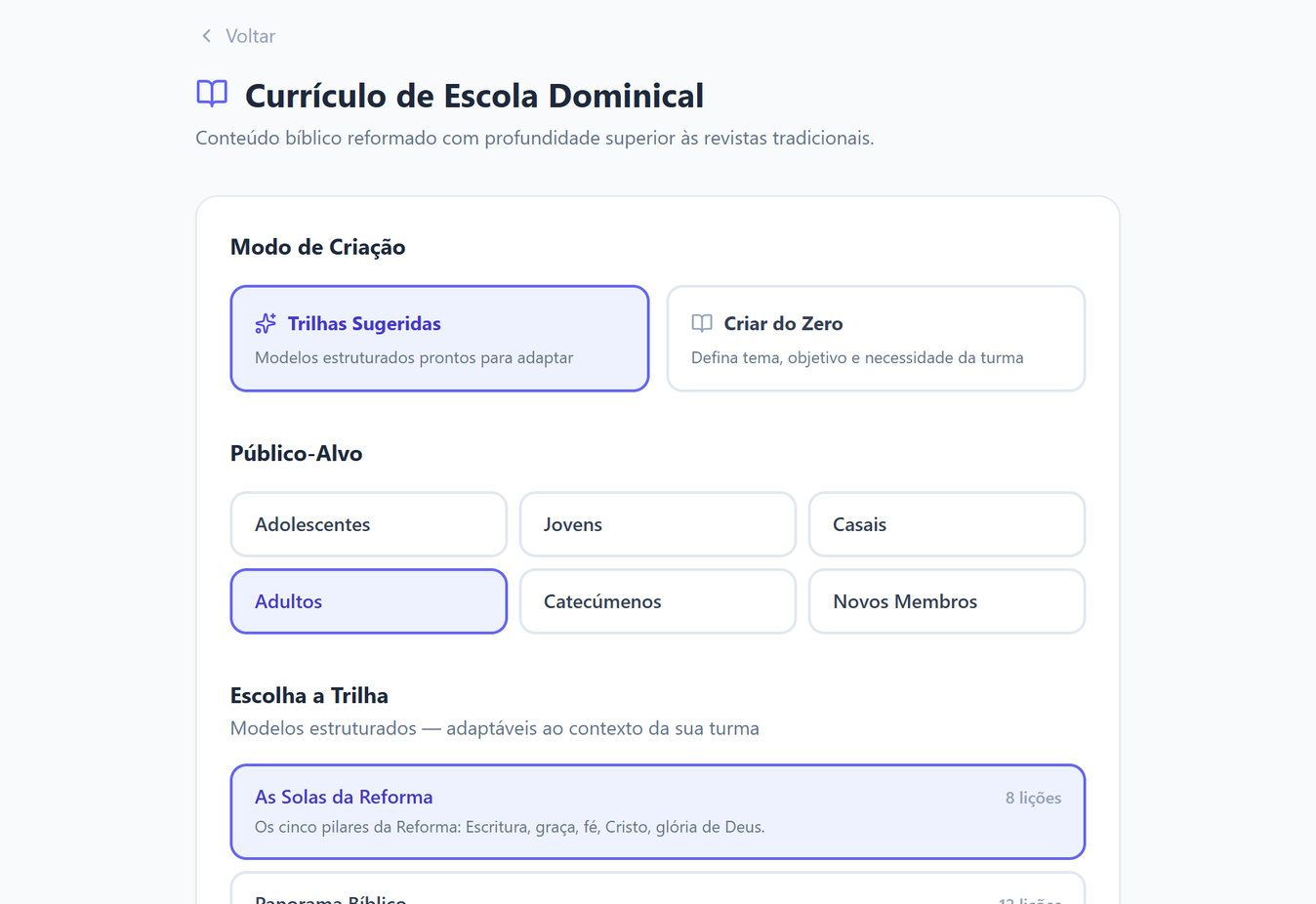 Tela do Currículo de Escola Dominical com as trilhas sugeridas, a escolha do público-alvo e a trilha As Solas da Reforma selecionada