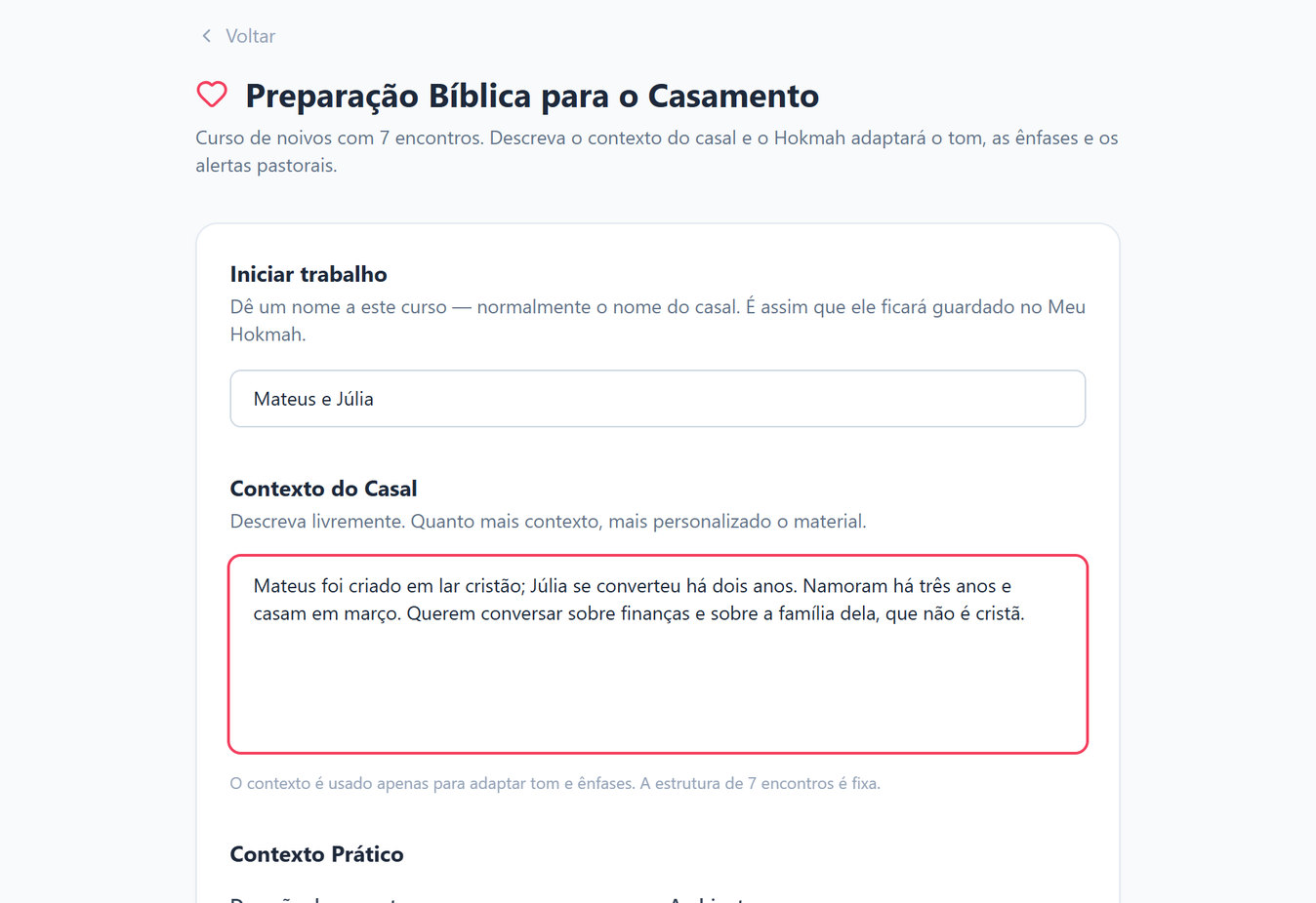 Tela da Preparação Bíblica para o Casamento com o nome do curso e o contexto do casal preenchidos com dados de exemplo