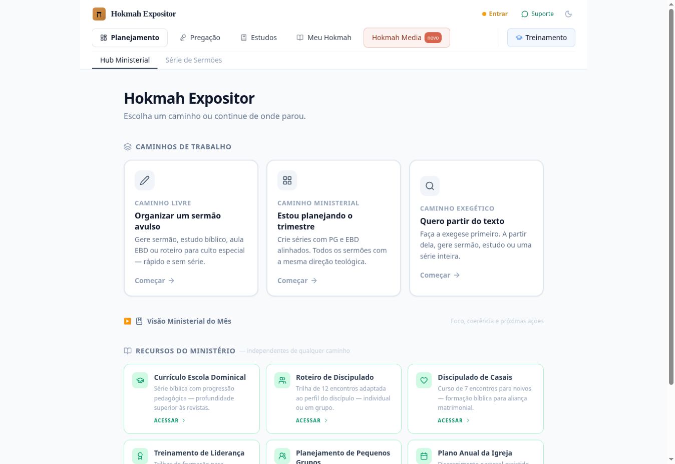 Página inicial do Expositor com os três caminhos de trabalho