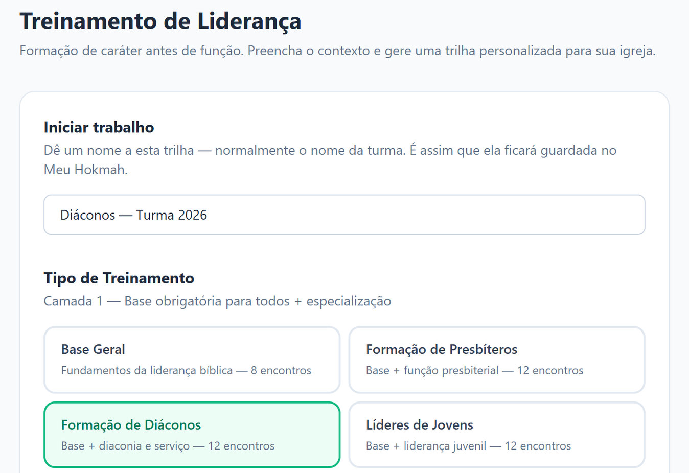 Tela do Treinamento de Liderança com a turma Diáconos, Turma 2026, e a Formação de Diáconos selecionada, com dados de exemplo