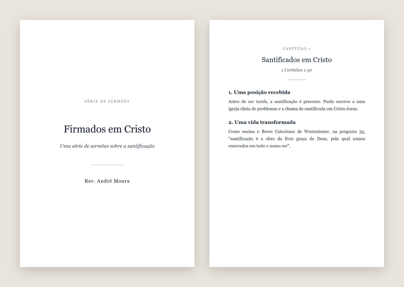 Capa e primeiro capítulo de um e-book em PDF montado a partir de uma série de sermões