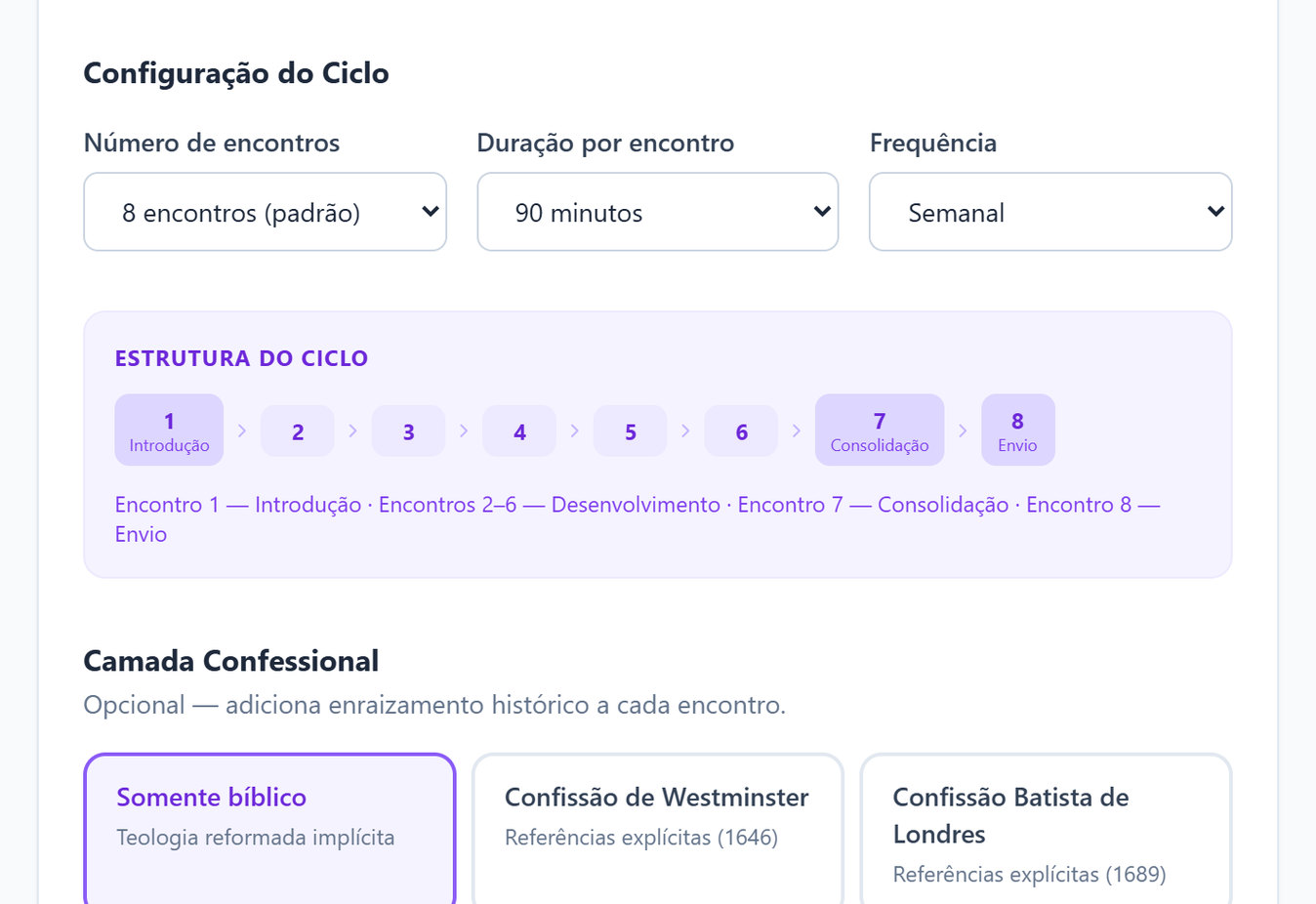Tela do Planejamento de Pequenos Grupos com a configuração do ciclo de 8 encontros e a estrutura introdução, desenvolvimento, consolidação e envio