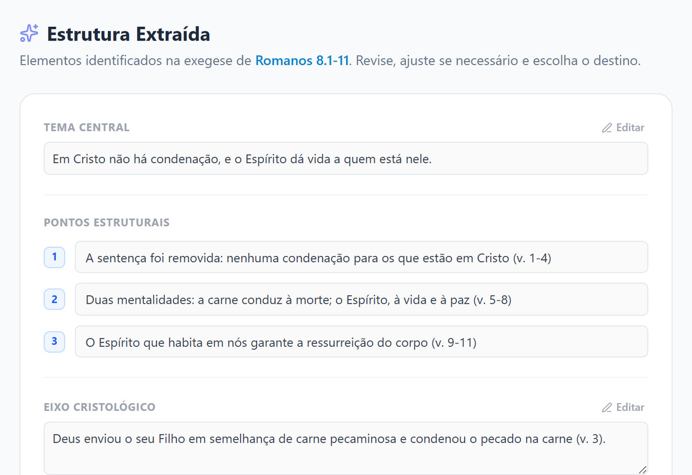 Tela Estrutura Extraída de Romanos 8.1-11 com tema central, três pontos estruturais e eixo cristológico editáveis, com dados de exemplo