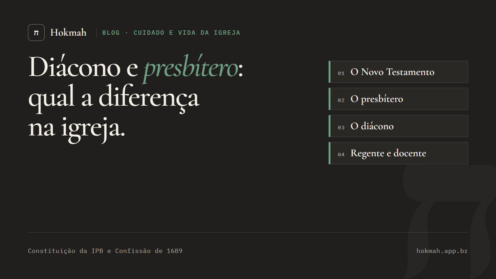 Capa do artigo: Diácono e presbítero, qual a diferença na igreja, com quatro cartões: o Novo Testamento, o presbítero, o diácono, regente e docente.