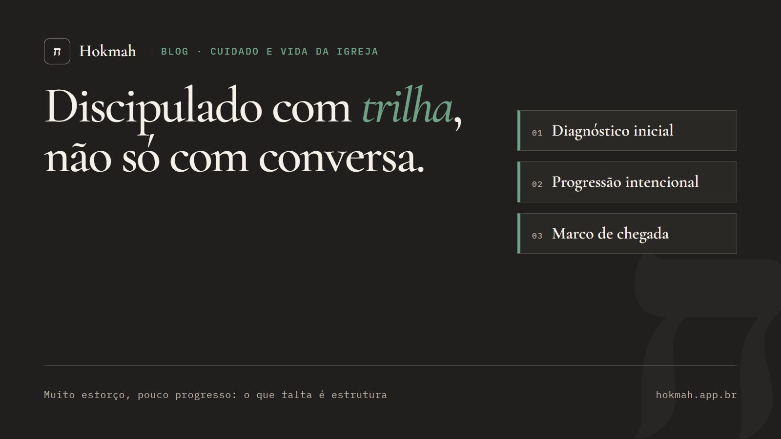 Capa do artigo: Discipulado com trilha, não só com conversa, com três cartões: diagnóstico inicial, progressão intencional e marco de chegada.